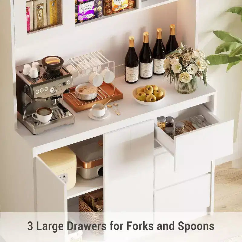 Dispensa da cucina alta 180 cm, credenza da cucina con luci a LED e prese di corrente, porta microonde, anta in vetro, ripiani regolabili, design senza maniglie