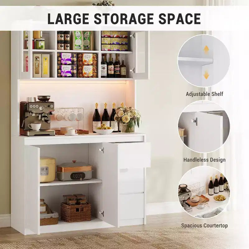 Dispensa da cucina alta 180 cm, credenza da cucina con luci a LED e prese di corrente, porta microonde, anta in vetro, ripiani regolabili, design senza maniglie
