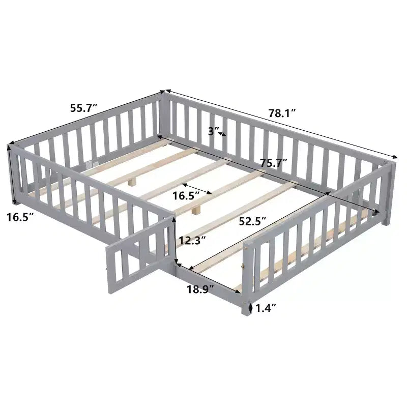SC 1 Letto a piattaforma in compensato a grandezza naturale con recinzione e porta per bambini, telaio letto a pavimento Montessori grigio