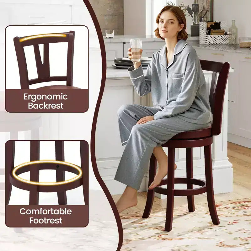 Sgabelli da Bar Girevoli Altezza Bancone 66cm Set da 2/4 – Schienale Alto, Poggiapiedi e Struttura in Legno Massello