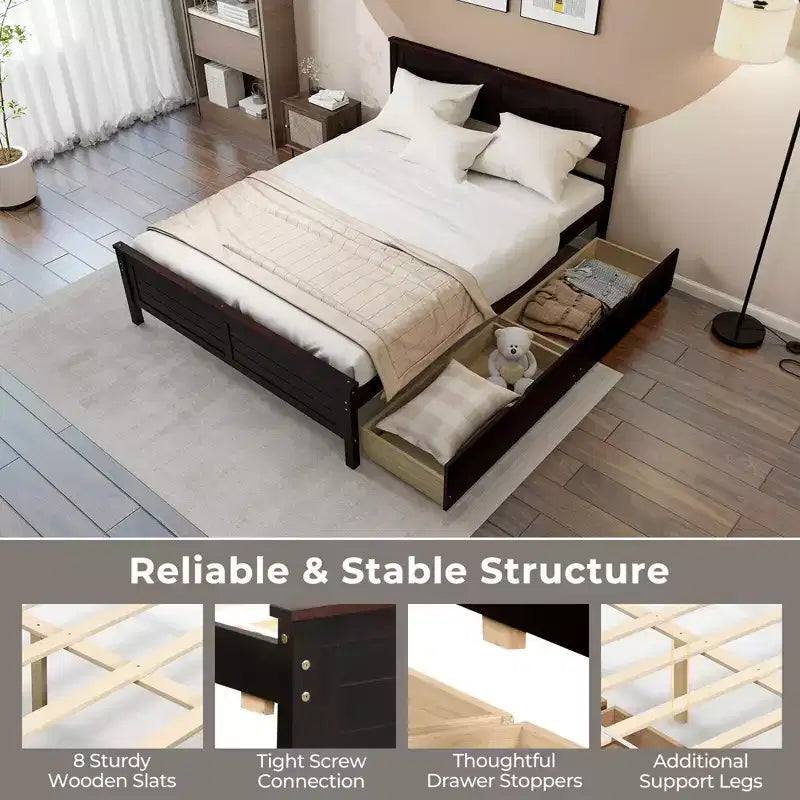 Struttura Letto Matrimoniale in Legno con 2 Cassetti Contenitore e Spazio Sottoletto – Espresso