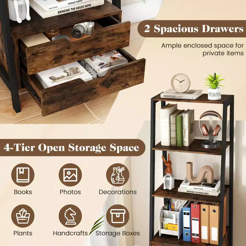 Libreria a 4 Ripiani con 2 Cassetti – Robusto Telaio in Metallo e Dispositivi Antiribaltamento