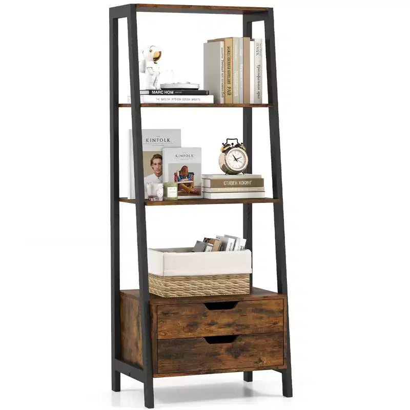 Costway 4-tier Bookshelf w/ 2 Storage Drawers Sturdy Metal Frame Anti-toppling Devices