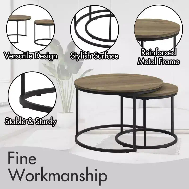 Tavolini da caffè impilabili, set da 2, tavolino rotondo da 70 cm con piano in legno effetto marmo e robusta struttura in metallo, tavolini laterali