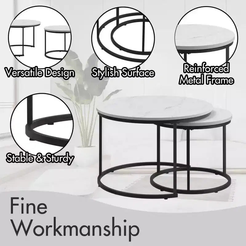 Tavolini da caffè impilabili, set da 2, tavolino rotondo da 70 cm con piano in legno effetto marmo e robusta struttura in metallo, tavolini laterali