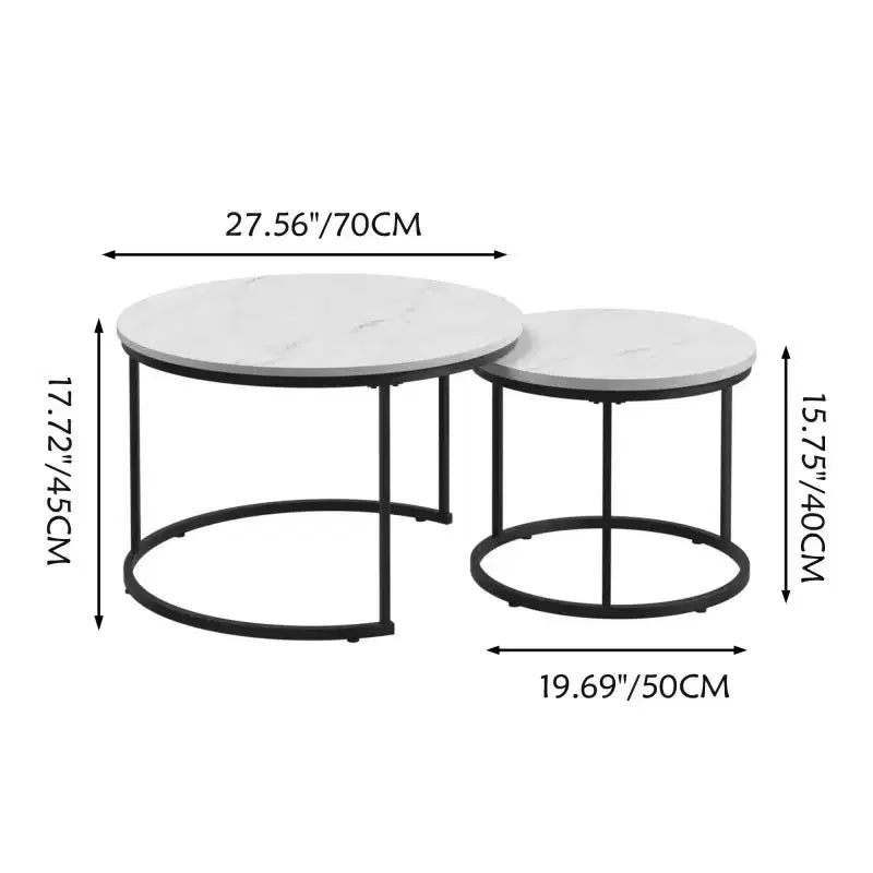 Tavolini da caffè impilabili, set da 2, tavolino rotondo da 70 cm con piano in legno effetto marmo e robusta struttura in metallo, tavolini laterali