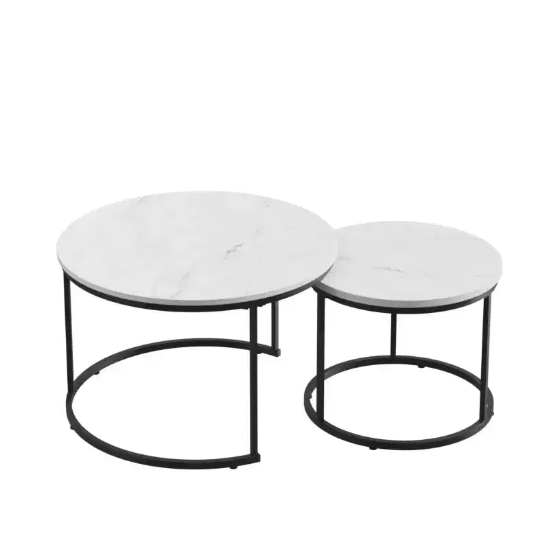 Tavolini da caffè impilabili, set da 2, tavolino rotondo da 70 cm con piano in legno effetto marmo e robusta struttura in metallo, tavolini laterali