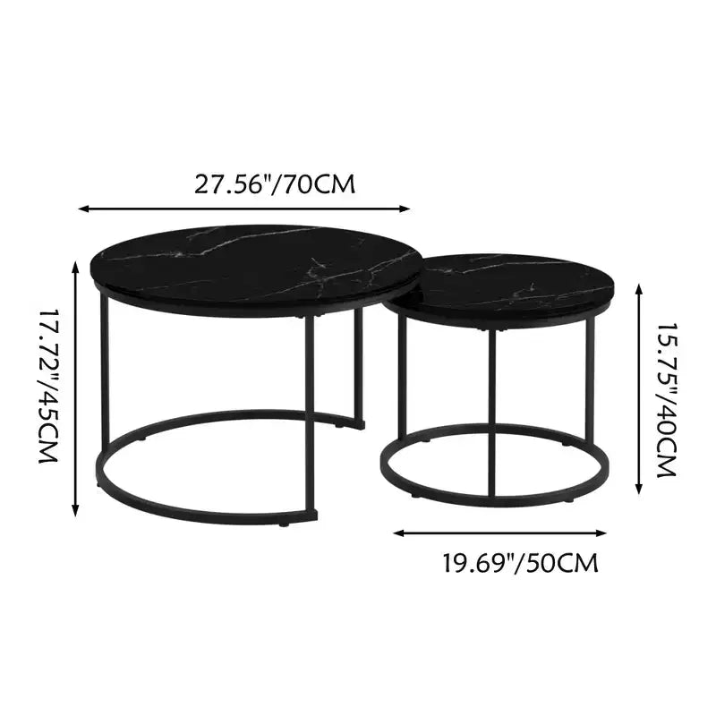 Tavolini da caffè impilabili, set da 2, tavolino rotondo da 70 cm con piano in legno effetto marmo e robusta struttura in metallo, tavolini laterali
