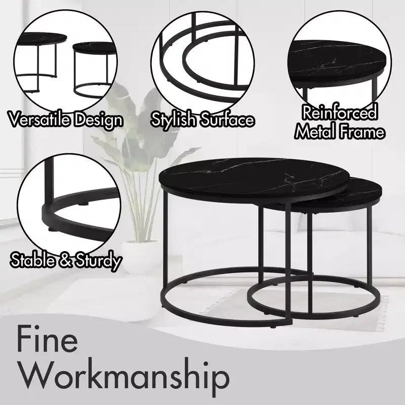 Tavolini da caffè impilabili, set da 2, tavolino rotondo da 70 cm con piano in legno effetto marmo e robusta struttura in metallo, tavolini laterali
