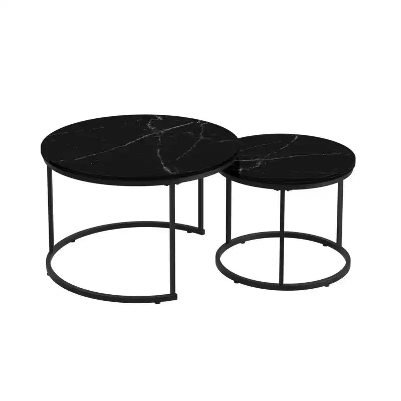 Tavolini da caffè impilabili, set da 2, tavolino rotondo da 70 cm con piano in legno effetto marmo e robusta struttura in metallo, tavolini laterali