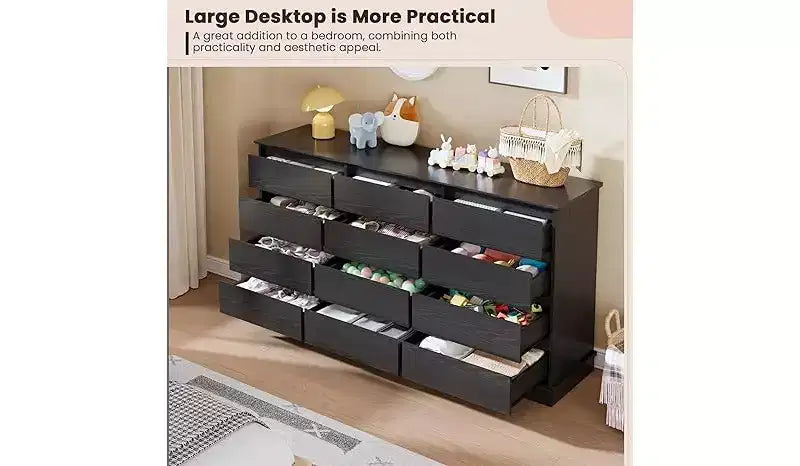 Comodino a 12 cassetti, Cassettiera con cassetti profondi, Cassettiera doppia grande per armadio con piano largo, Cassettiera alta in legno per soggiorno, camera da letto