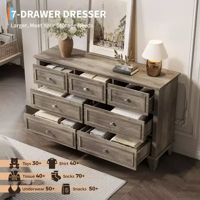 Cassettiera a 7 cassetti moderna in legno con maniglie vintage – Camera da letto e porta TV