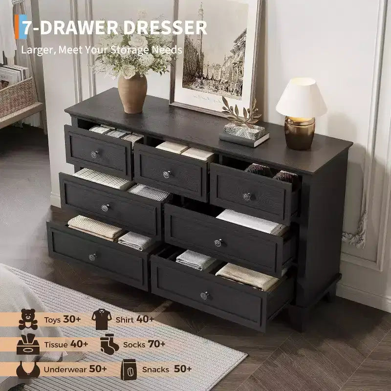 Cassettiera a 7 cassetti moderna in legno con maniglie vintage – Camera da letto e porta TV