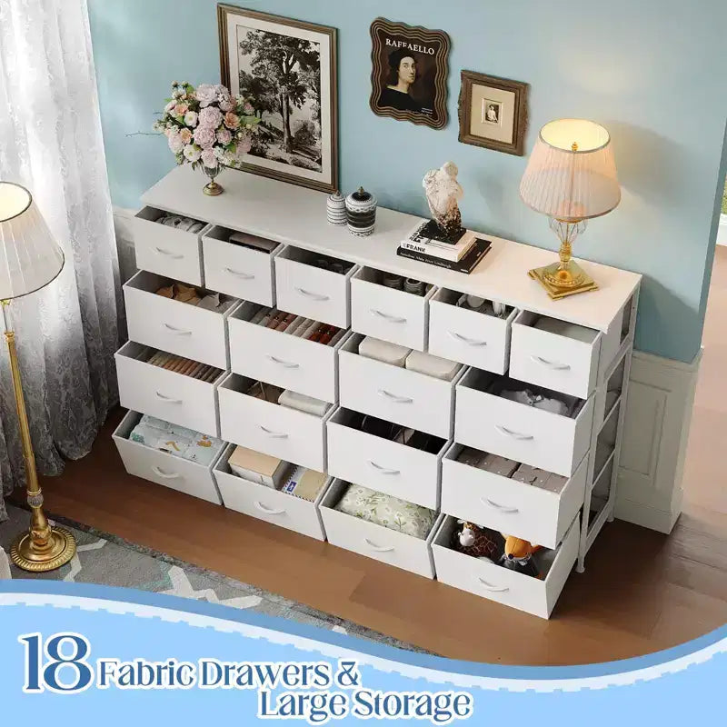 Cassettiera larga 63'' con 18 cassetti in tessuto, cassettiera per camera da letto con stazione di ricarica, cassettiere robuste e ampie per camera da letto, struttura in acciaio, 63 L*39 A*11.8 P