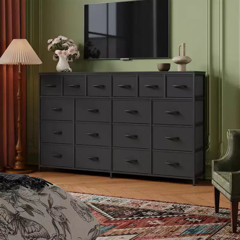 Cassettiera larga 63'' con 18 cassetti in tessuto, cassettiera per camera da letto con stazione di ricarica, cassettiere robuste e ampie per camera da letto, struttura in acciaio, 63 L*39 A*11.8 P