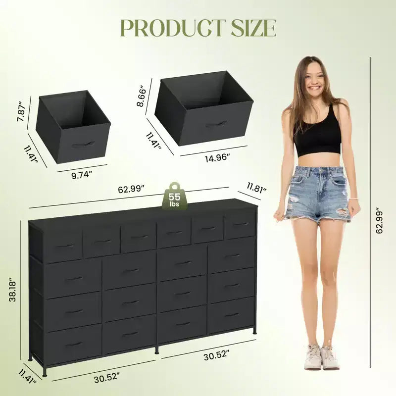 Cassettiera larga 63'' con 18 cassetti in tessuto, cassettiera per camera da letto con stazione di ricarica, cassettiere robuste e ampie per camera da letto, struttura in acciaio, 63 L*39 A*11.8 P