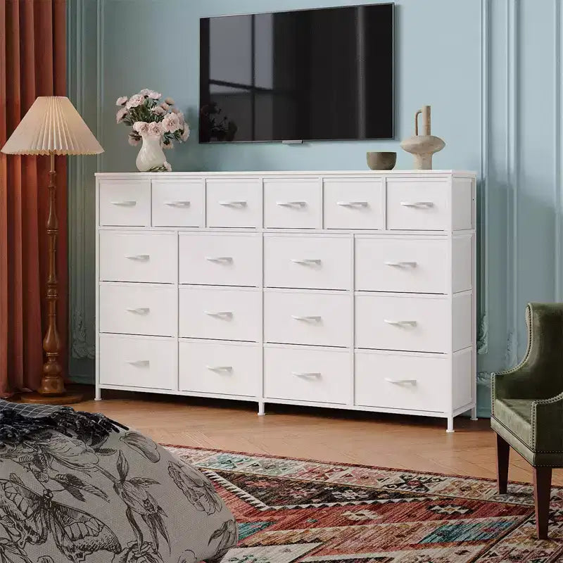 Cassettiera larga 63'' con 18 cassetti in tessuto, cassettiera per camera da letto con stazione di ricarica, cassettiere robuste e ampie per camera da letto, struttura in acciaio, 63 L*39 A*11.8 P