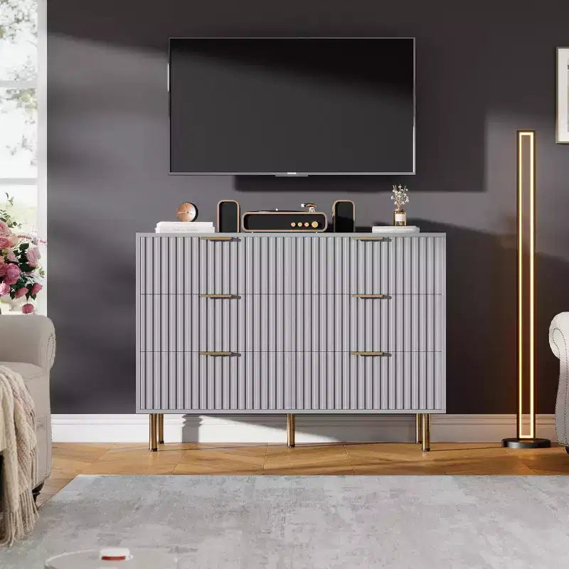 Cassettiera doppia scanalata a 6 cassetti e porta TV con gambe dorate – Organizer per camera da letto e soggiorno