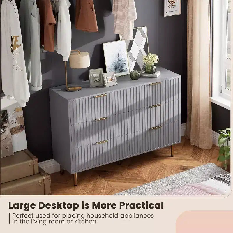 Cassettiera doppia scanalata a 6 cassetti e porta TV con gambe dorate – Organizer per camera da letto e soggiorno