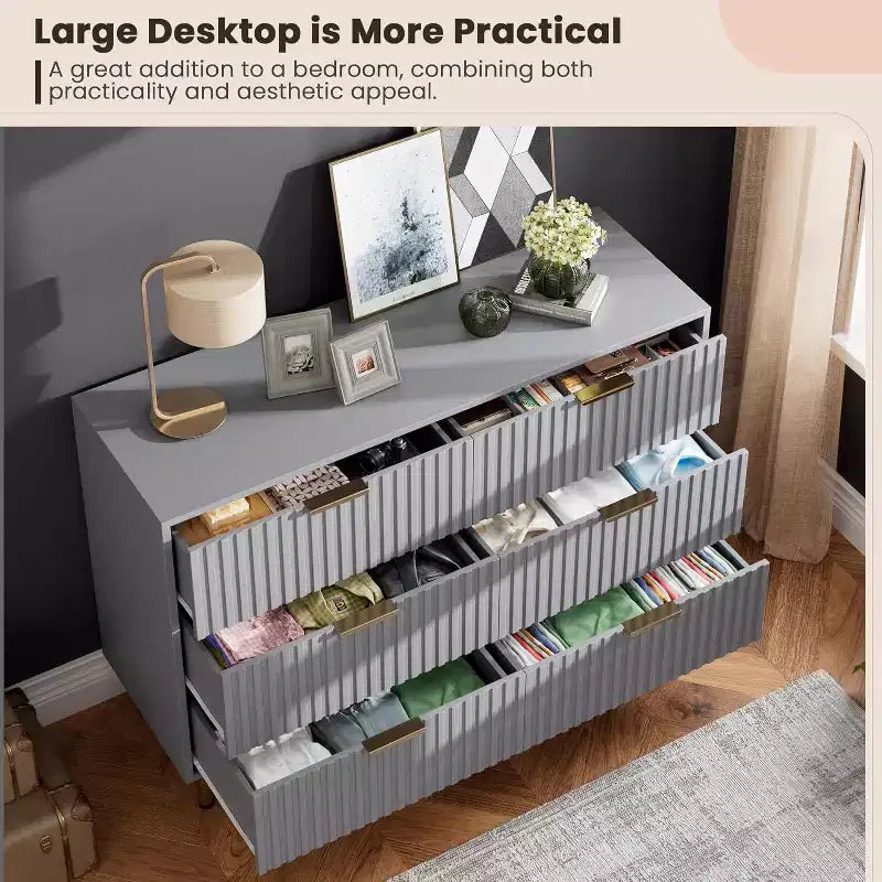 Cassettiera doppia scanalata a 6 cassetti e porta TV con gambe dorate – Organizer per camera da letto e soggiorno