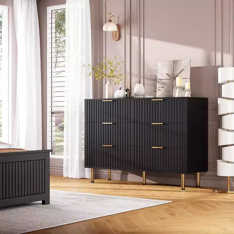 Cassettiera doppia scanalata a 6 cassetti e porta TV con gambe dorate – Organizer per camera da letto e soggiorno