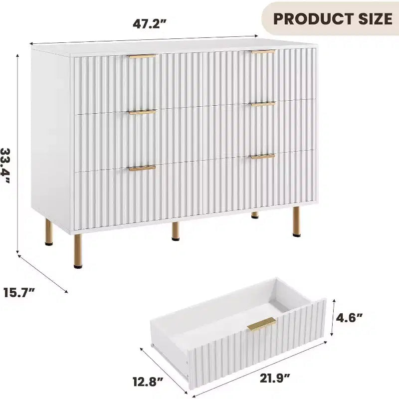 Cassettiera doppia scanalata a 6 cassetti e porta TV con gambe dorate – Organizer per camera da letto e soggiorno
