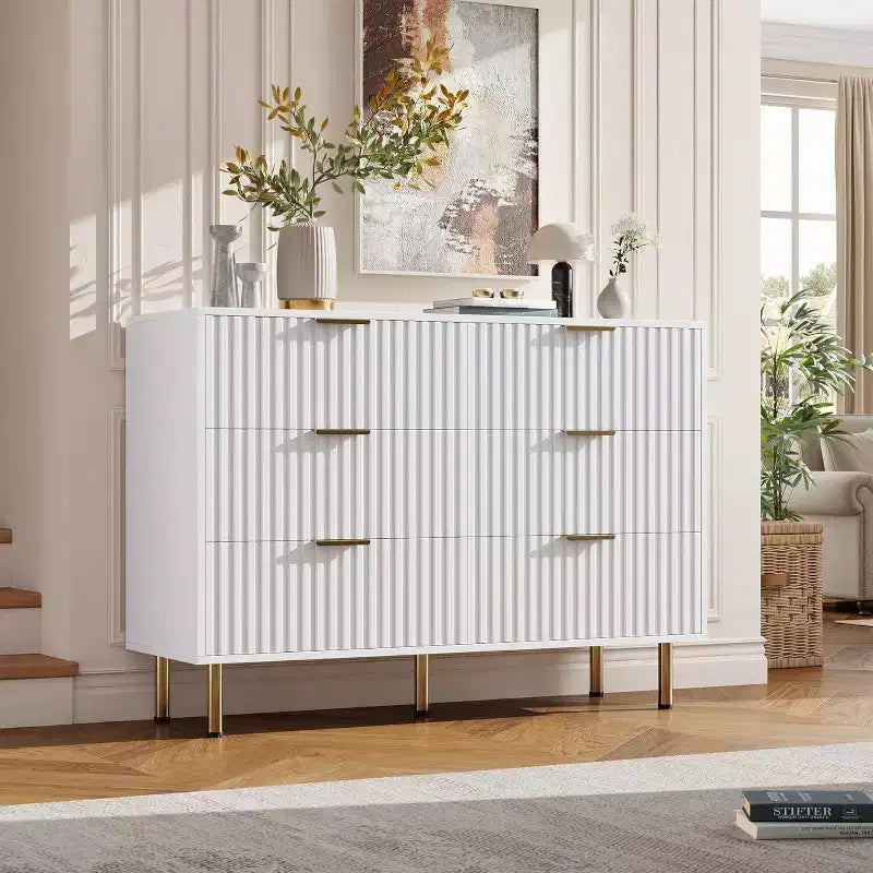 Cassettiera doppia scanalata a 6 cassetti e porta TV con gambe dorate – Organizer per camera da letto e soggiorno