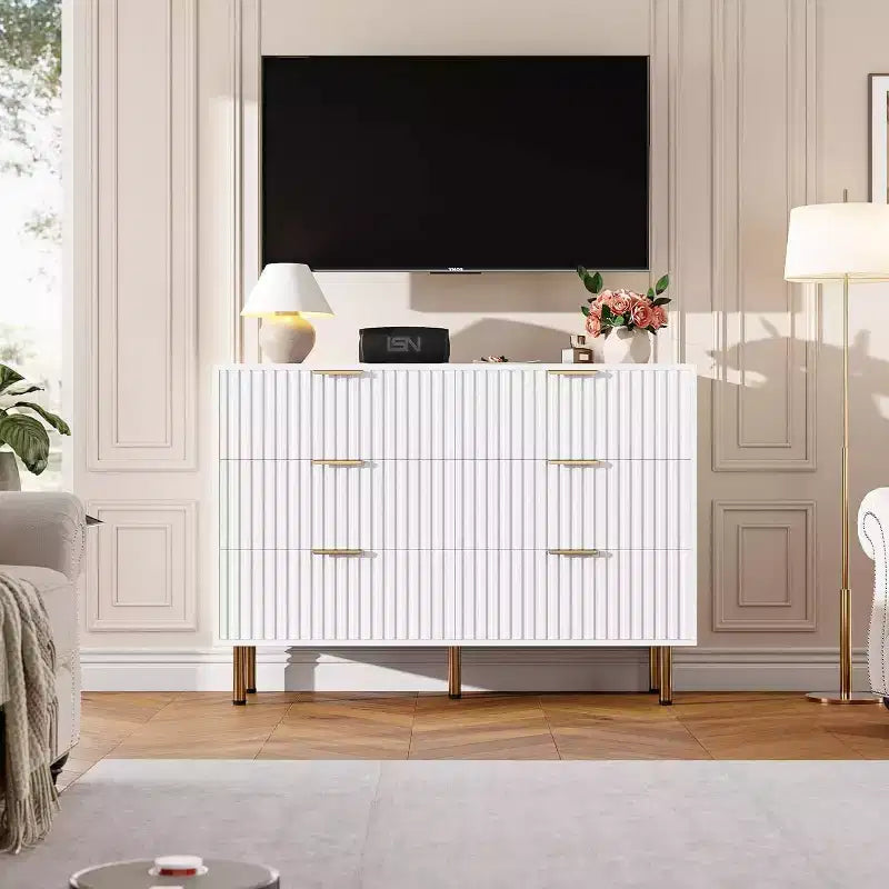Cassettiera doppia scanalata a 6 cassetti e porta TV con gambe dorate – Organizer per camera da letto e soggiorno