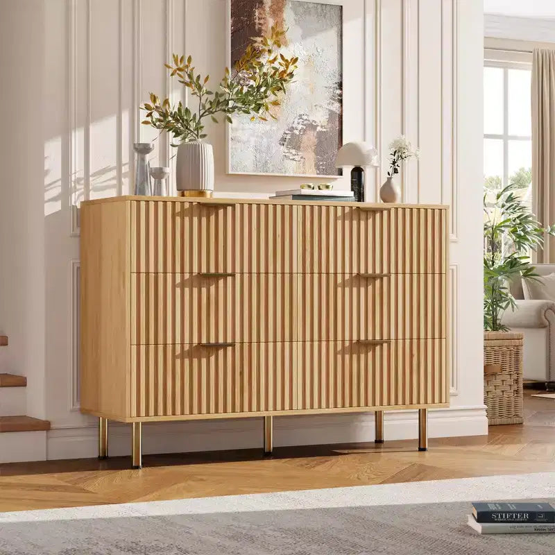 Cassettiera doppia scanalata a 6 cassetti e porta TV con gambe dorate – Organizer per camera da letto e soggiorno
