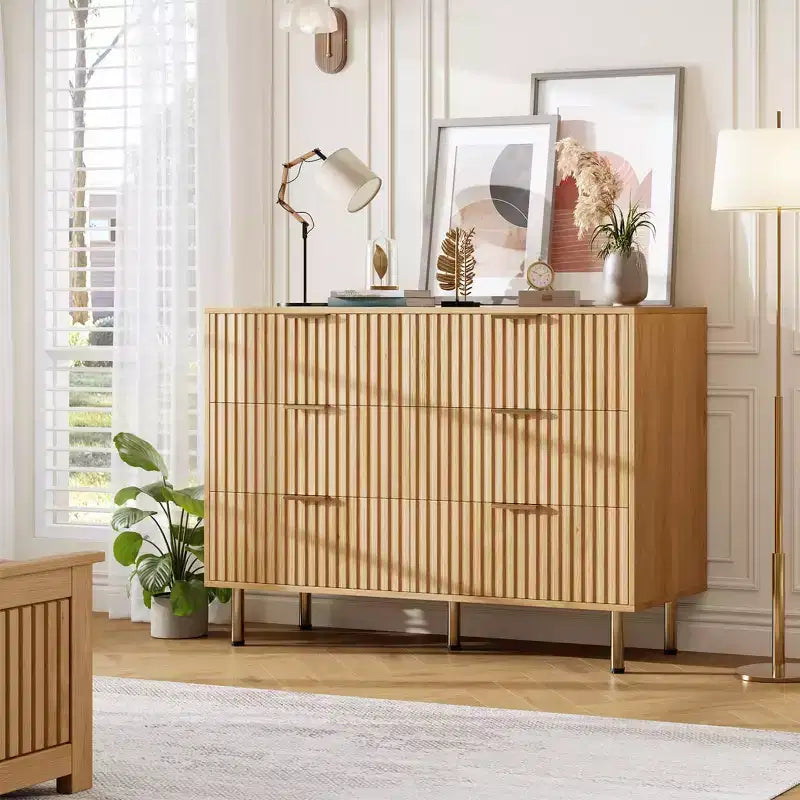 Cassettiera doppia scanalata a 6 cassetti e porta TV con gambe dorate – Organizer per camera da letto e soggiorno