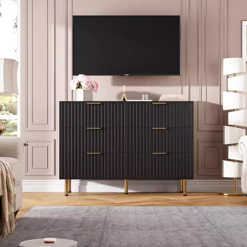 Cassettiera doppia scanalata a 6 cassetti e porta TV con gambe dorate – Organizer per camera da letto e soggiorno