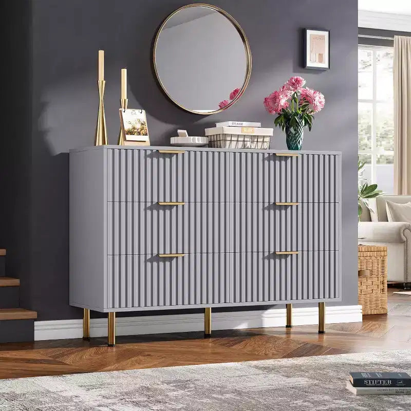 Cassettiera doppia scanalata a 6 cassetti e porta TV con gambe dorate – Organizer per camera da letto e soggiorno