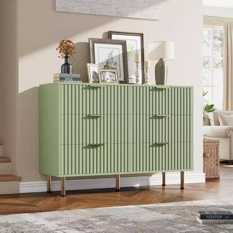 Cassettiera doppia scanalata a 6 cassetti e porta TV con gambe dorate – Organizer per camera da letto e soggiorno