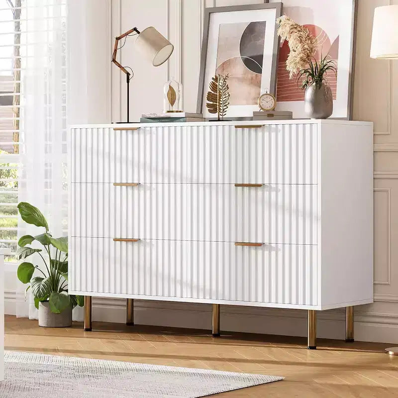 Cassettiera doppia scanalata a 6 cassetti e porta TV con gambe dorate – Organizer per camera da letto e soggiorno