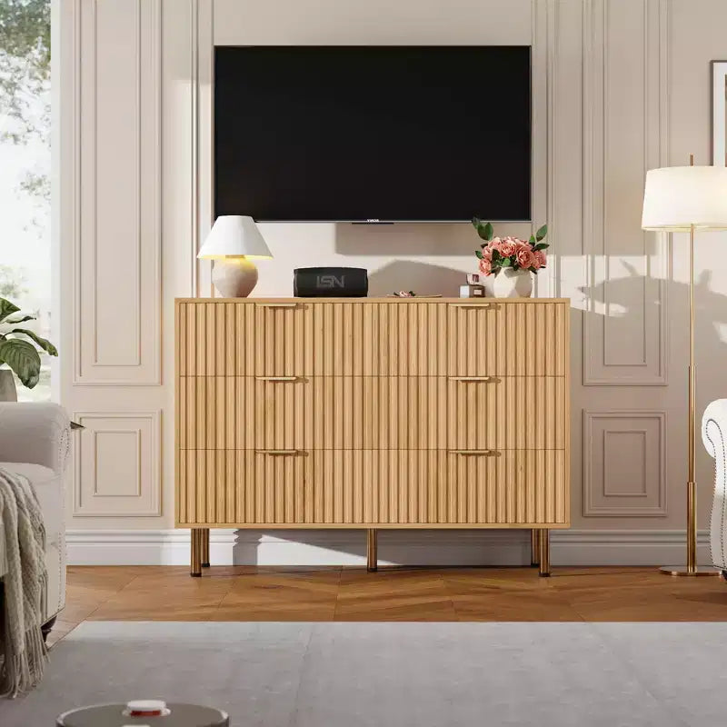 Cassettiera doppia scanalata a 6 cassetti e porta TV con gambe dorate – Organizer per camera da letto e soggiorno