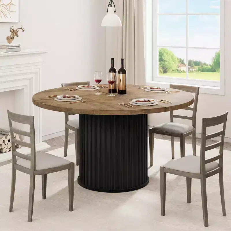 Tavolo da pranzo rotondo da 47 pollici per 4-6 persone, tavolo da pranzo con base a piedistallo in metallo ondulato, tavolo da cucina rotondo stile rustico per sala da pranzo, cucina