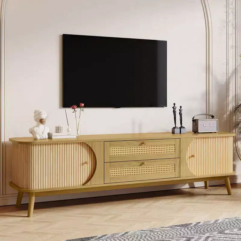 66.93 Inch Natural Rattan TV Stand for TVs up to 75 Inches Media Console with Solid Wood Legs for Living Room Home Theatre
