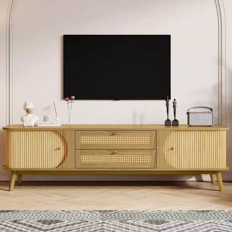 Mobile TV in rattan naturale da 170 cm, per TV fino a 75 pollici, console multimediale con gambe in legno massello per soggiorno e home theatre