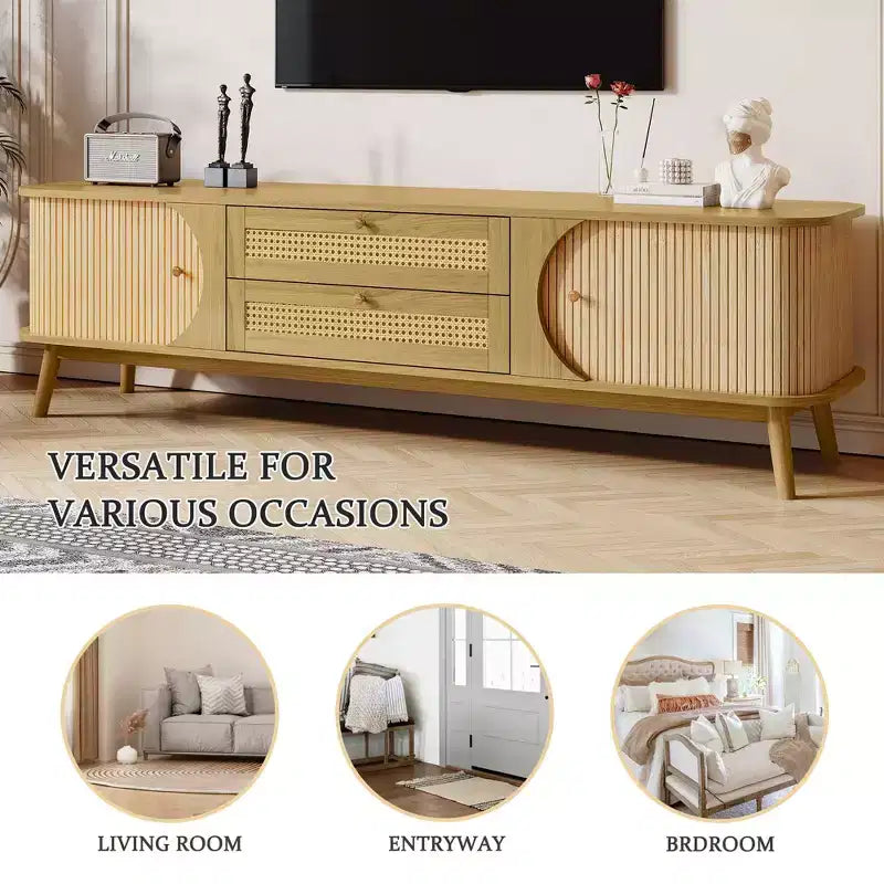 Mobile TV in rattan naturale da 170 cm, per TV fino a 75 pollici, console multimediale con gambe in legno massello per soggiorno e home theatre