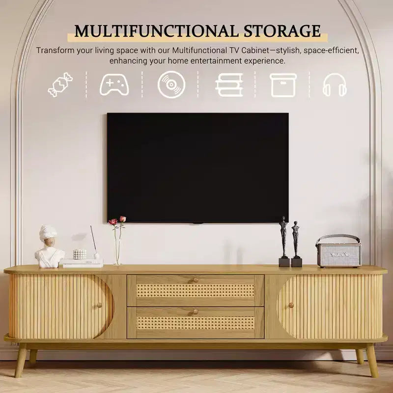 Mobile TV in rattan naturale da 170 cm, per TV fino a 75 pollici, console multimediale con gambe in legno massello per soggiorno e home theatre