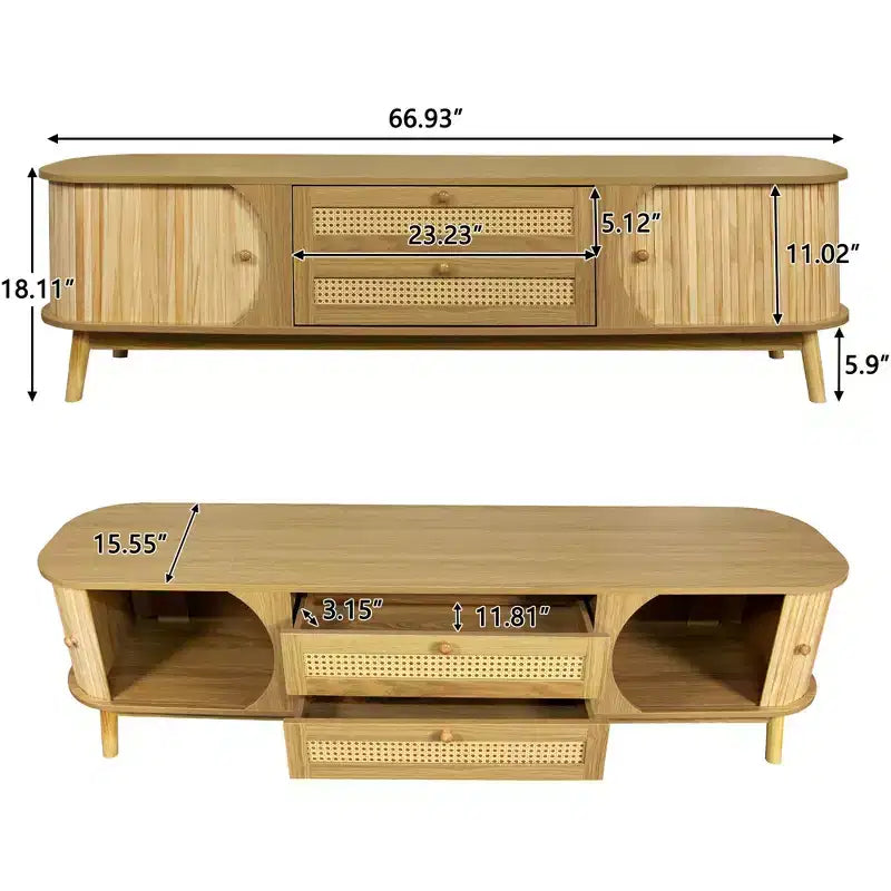 Mobile TV in rattan naturale da 170 cm, per TV fino a 75 pollici, console multimediale con gambe in legno massello per soggiorno e home theatre