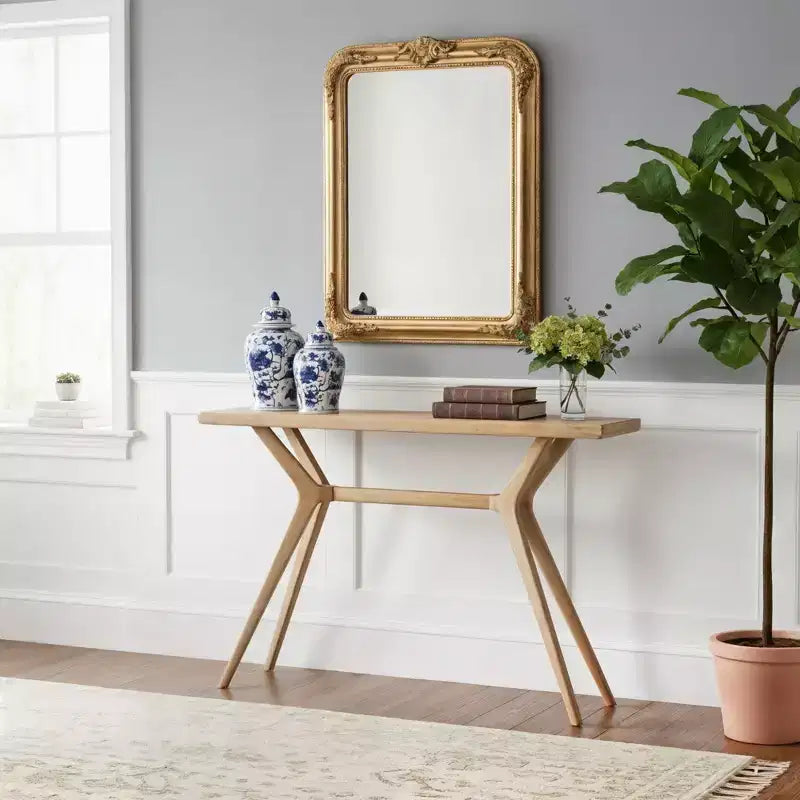 Consolle con Gambe Incrociate da 117 cm – Legno Massello di Pino, Tavolo da Ingresso Stile Mid-Century Modern