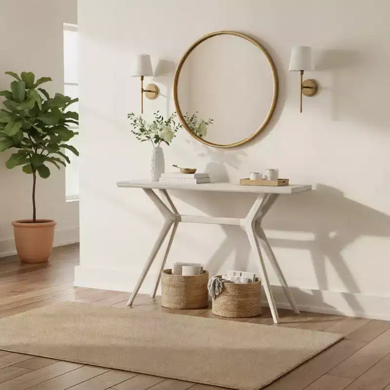 Consolle con Gambe Incrociate da 117 cm – Legno Massello di Pino, Tavolo da Ingresso Stile Mid-Century Modern