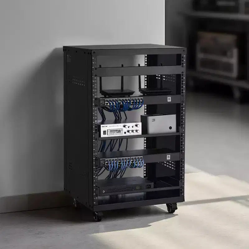Rack AV 16U, capacità 90 kg – Cabinet server open frame con ruote piroettanti bloccabili, nero
