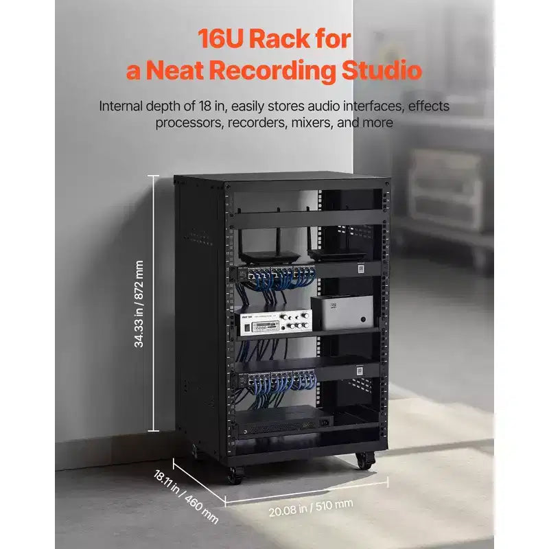 Rack AV 16U, capacità 90 kg – Cabinet server open frame con ruote piroettanti bloccabili, nero