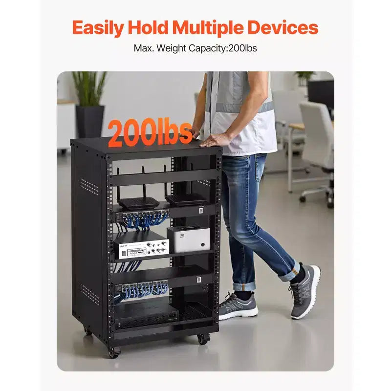 Rack AV 16U, capacità 90 kg – Cabinet server open frame con ruote piroettanti bloccabili, nero