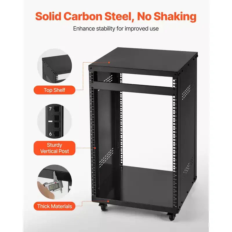 Rack AV 16U, capacità 90 kg – Cabinet server open frame con ruote piroettanti bloccabili, nero