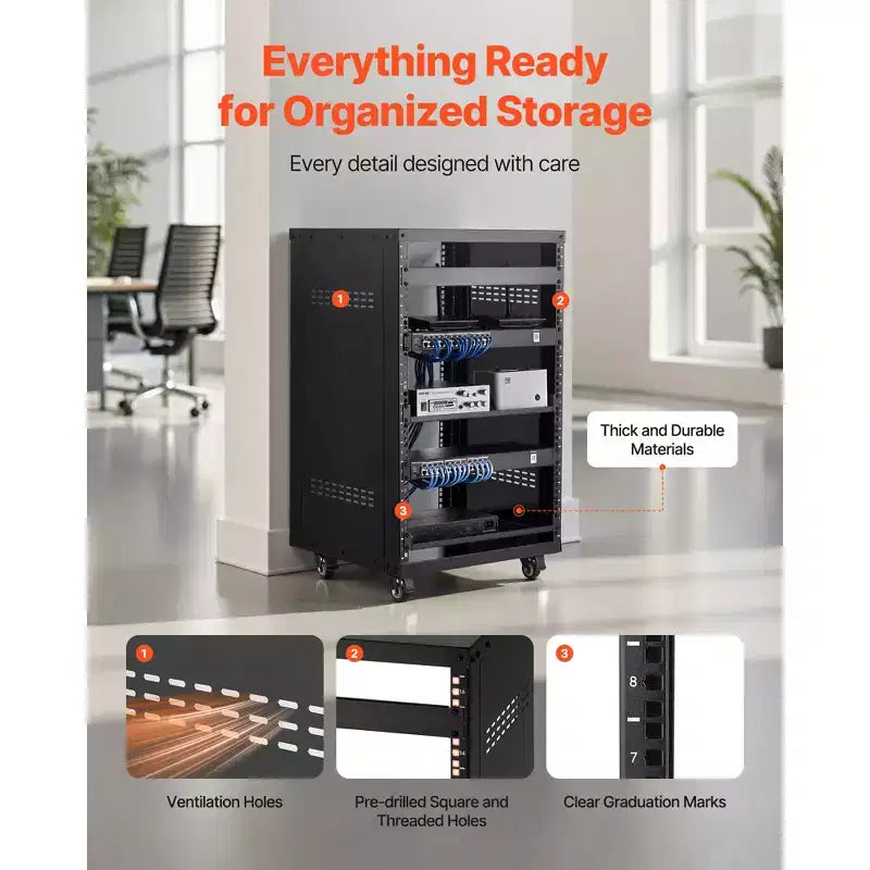 Rack AV 16U, capacità 90 kg – Cabinet server open frame con ruote piroettanti bloccabili, nero
