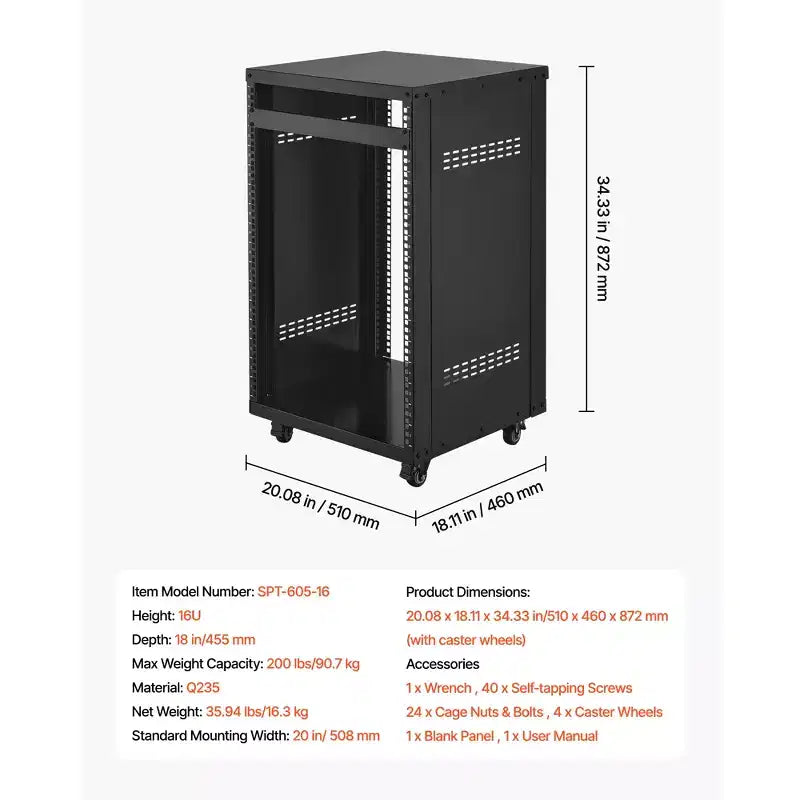 Rack AV 16U, capacità 90 kg – Cabinet server open frame con ruote piroettanti bloccabili, nero