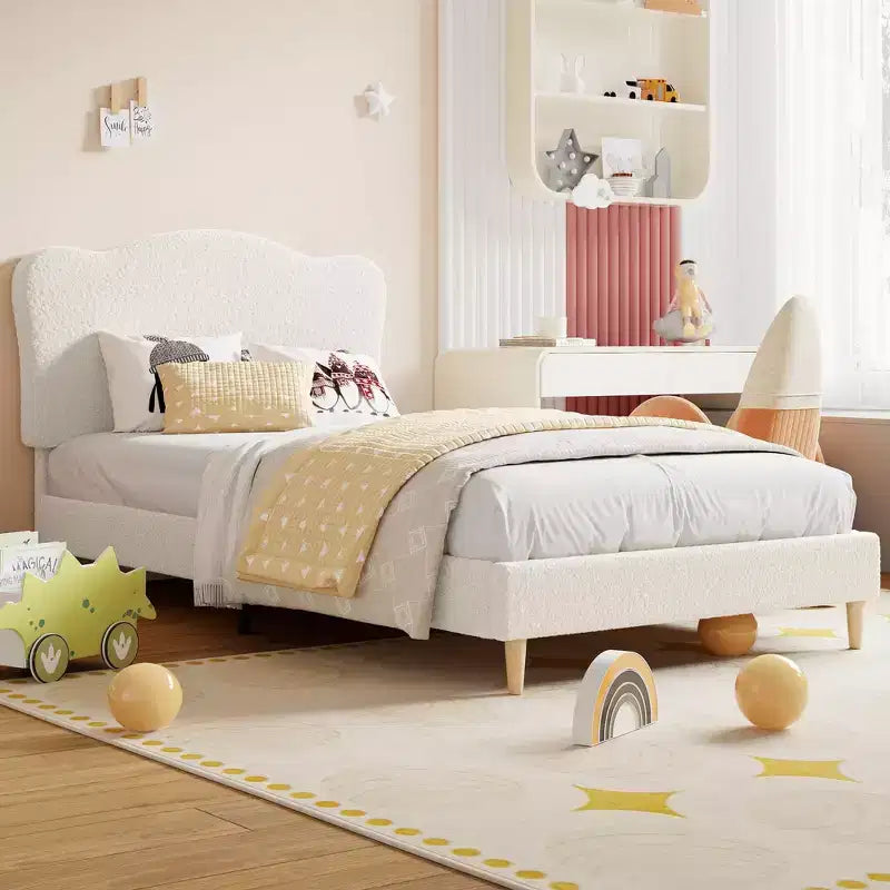 Struttura Letto Singolo per Bambini con Testiera Adorabile, Letto a Piattaforma Singolo Imbottito per Bambine, Bambini, Nessun Box Spring Necessario, Struttura Letto in Velluto con Doghe in Legno